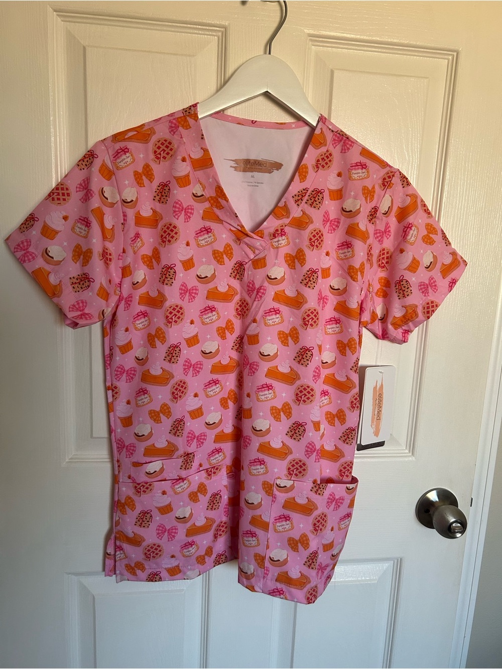 Pink Cupcake & Pumpkin Pie and Bows Fall Print V-Neck Scrub Top